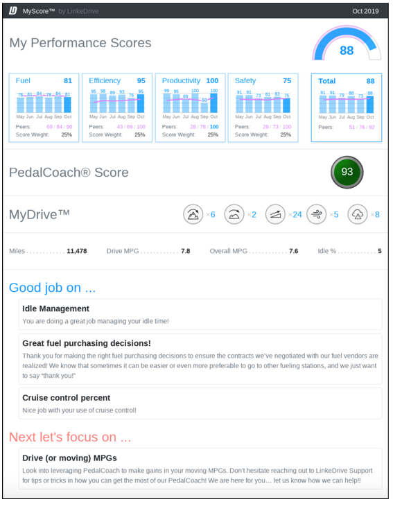 LinkeDrive’s MyScore monthly report, automatically delivered to drivers, including a lower-level analytics view available to management.