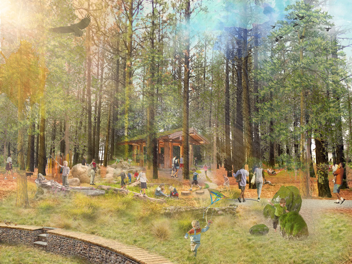 A Pine Bluff nature play area combines the best of both worlds – activating Black Bay Park’s natural setting for a nature-in-the-city experience (rendering courtesy of Civitas Inc.).