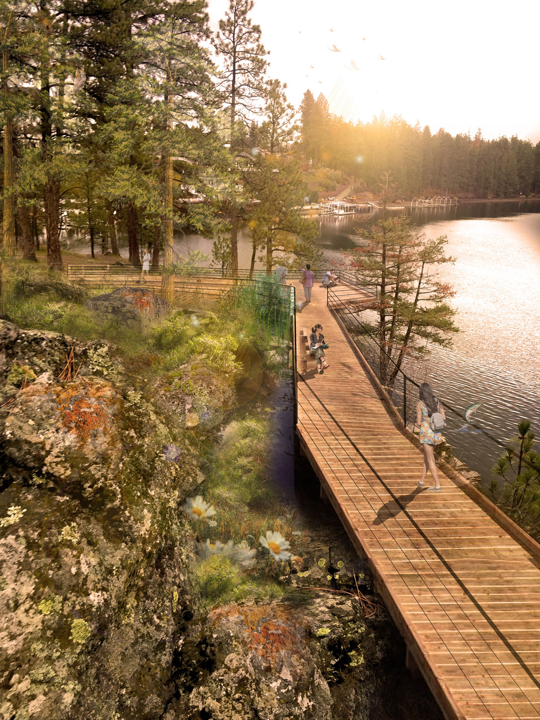 Civitas design for boardwalks on Spokane River’s Black Bay offers a river experience and views without damaging fragile riverbanks (rendering courtesy of Civitas Inc.).