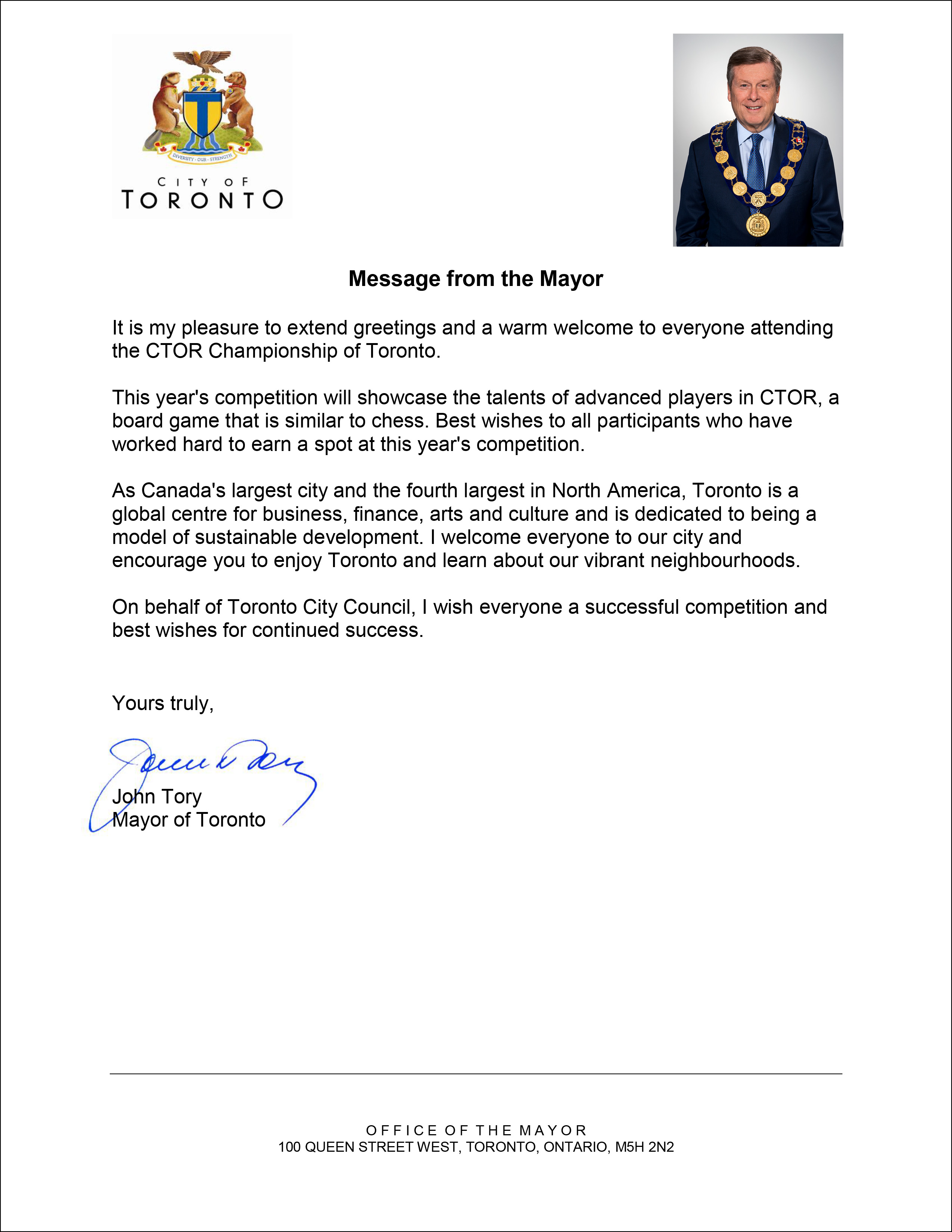 Letter of Intent from mayor of Toronto John Tory