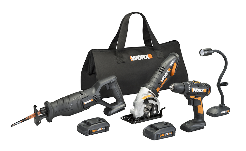 WORX 20V Power Share 4-Piece Combo Kit (WX943L) includes  20V Drill & Driver, 20V WORXSAW, 20V Reciprocating Saw, 20V Flexible LED Light, two 20V, MAX Lithium, 1.5 Ah batteries and charger.