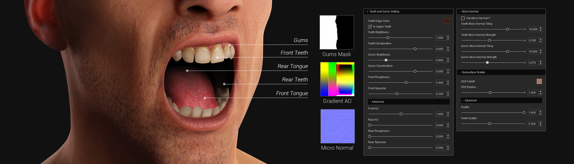 Digital human teeth, gums, tongue shader