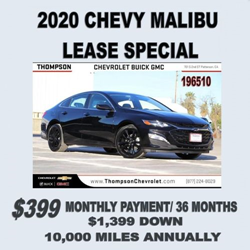 Banner for the 2020 Chevrolet Malibu Lease Special available at Thompson Chevrolet