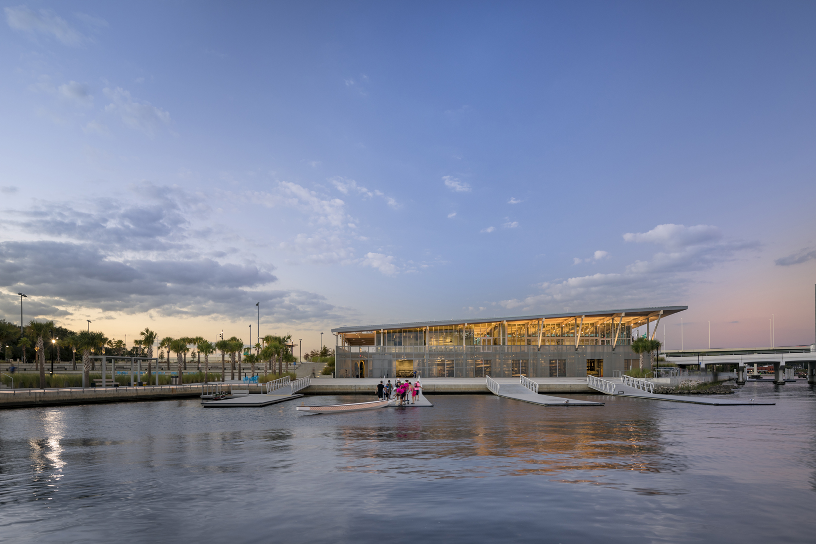 The Julian B. Lane Riverfront Park River Center designed by W Architecture and Landscape Architecture includes city boat rentals for paddling instruction, a community center and public art.