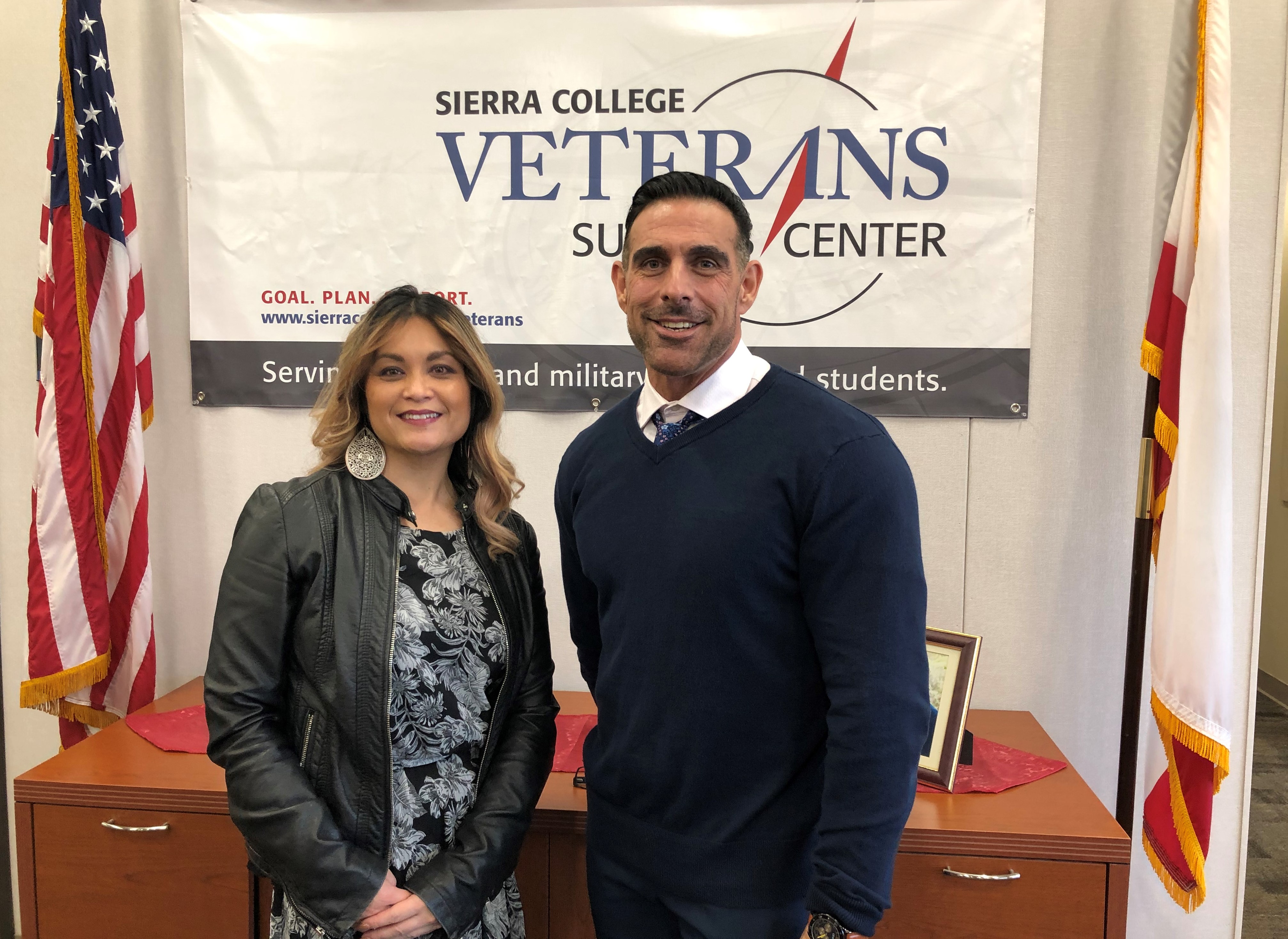 Student Serv. Tech. Joanne Balay Barbour and SST/Veteran Services Counseling Jarrett "J" Barrett, pose at the Veterans Success Center at Sierra College in Rocklin, California.