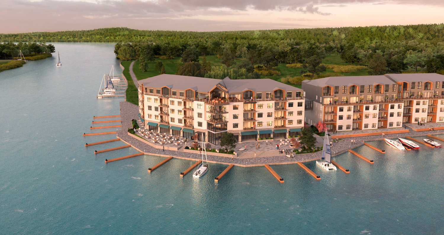 A City Harbor rendering showing boat slips and the complex's natural backdrop along Cayuga Inlet.