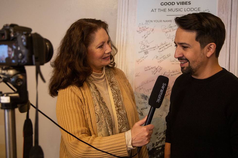Lin-Manuel Miranda is interviewed at the Good Vibes wall about Broadway Cares, a well known New York theater nonprofit since 1992.