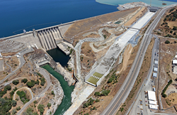 Folsom Dam and its new auxiliary spillway, photo taken from the air.