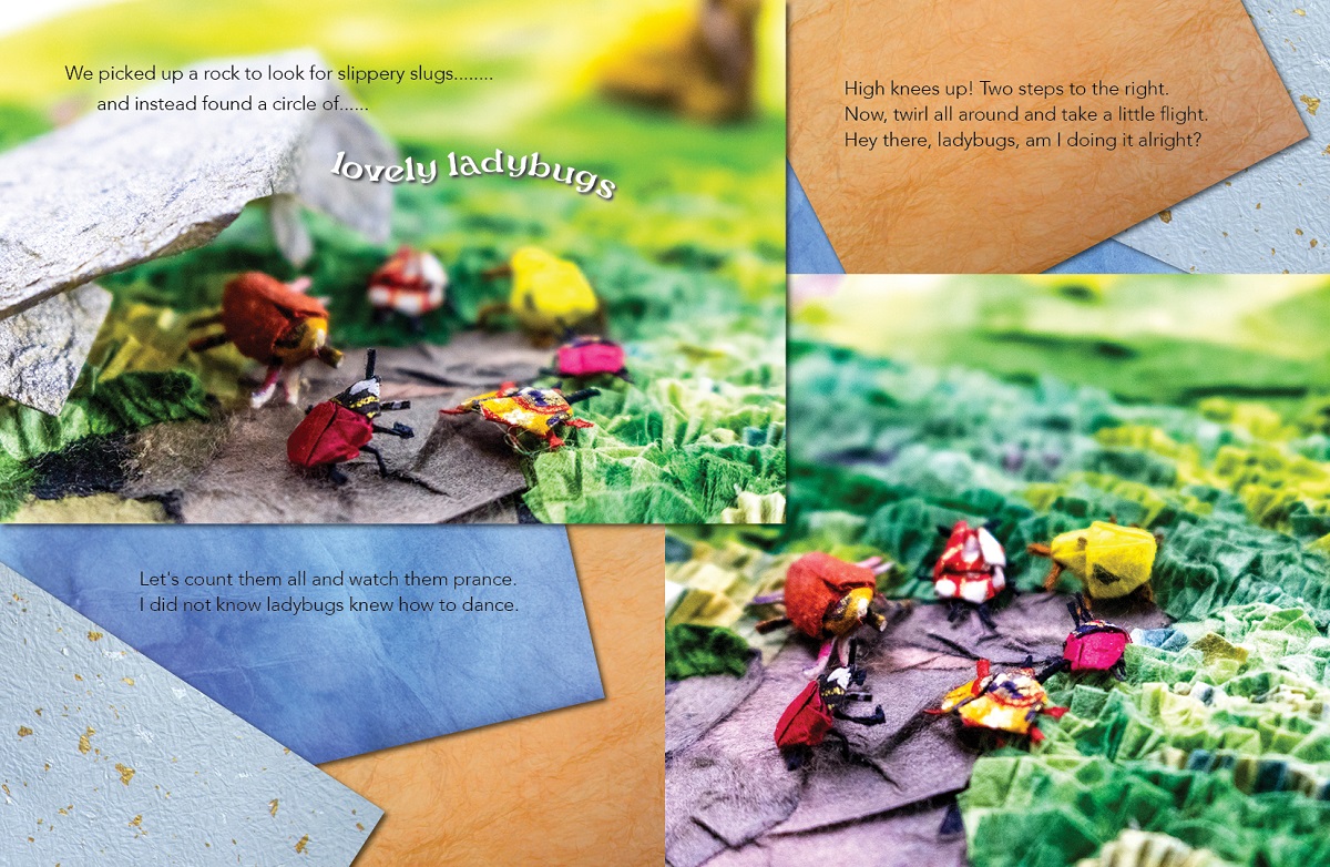 Close up of pages with ladybugs dancing from origami picture "The Day We Went to the Park" by Linda Stephen and Christine Manno (Handersen Publishing, 2020).