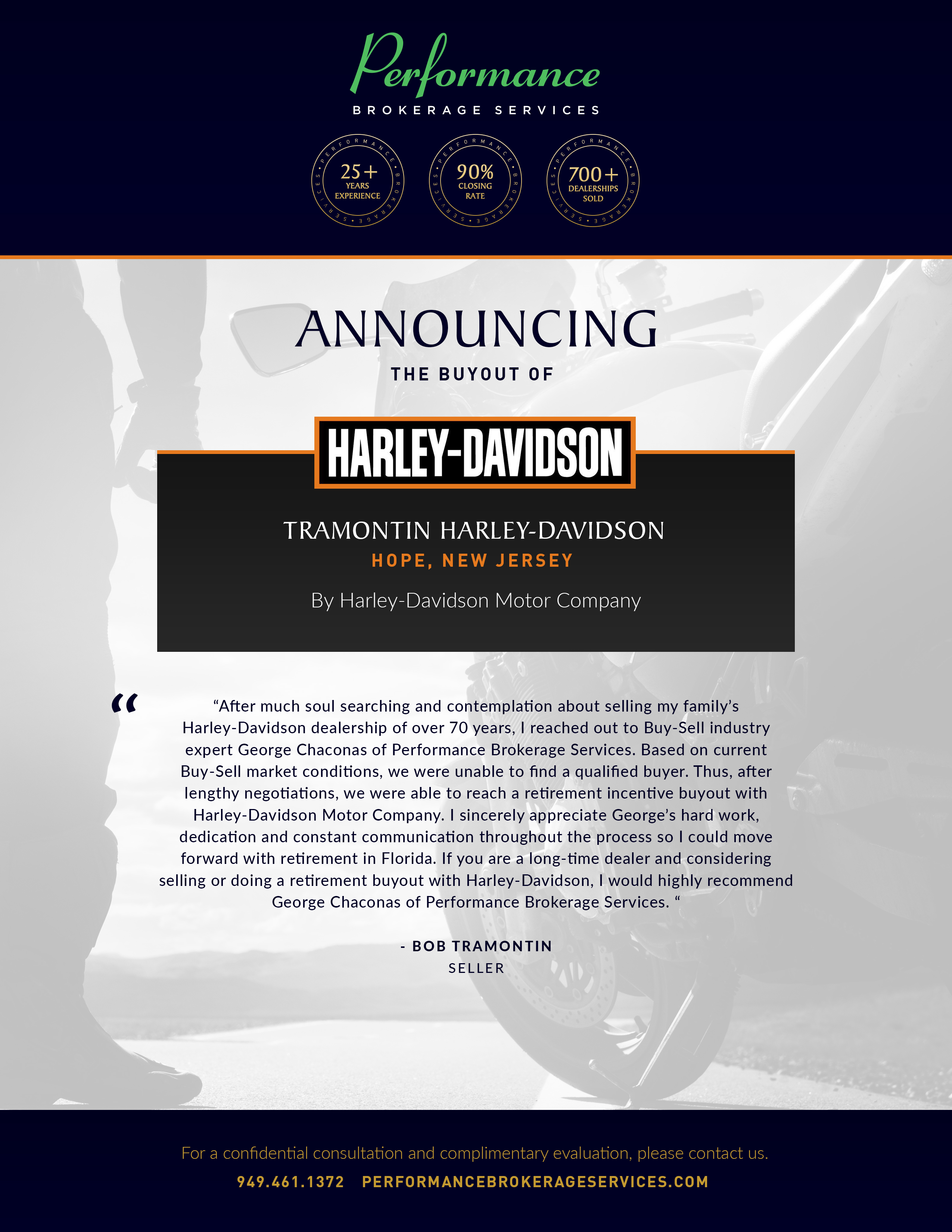 Performance Brokerage Services Announces Buyout of Tramontin Harley-Davidson