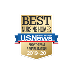 Logo with text reading Best Nursing Homes U.S. News & World Report, Short-Term Rehabilitation, 2019-2020