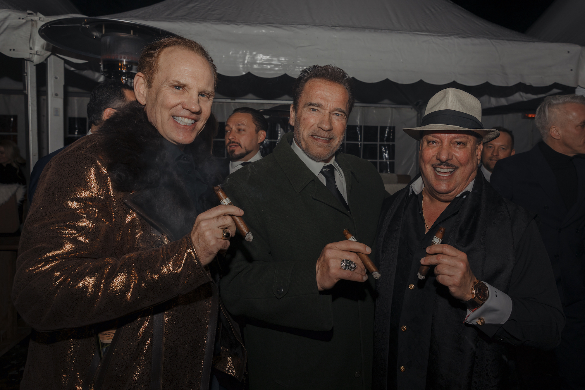 From left to right: Daniel Marshall, Governor Arnold Schwarzenegger, Carlos Fuente at the Daniel Marshall Cigar Lounge and Terrace - Kitzbuhel Country Club, Kitzbuhel, Austria