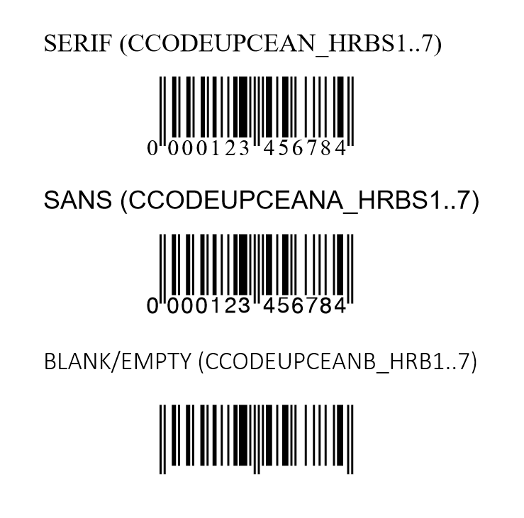 EAN13 and UPCA barcode with Serif and Sans Serif Typeface