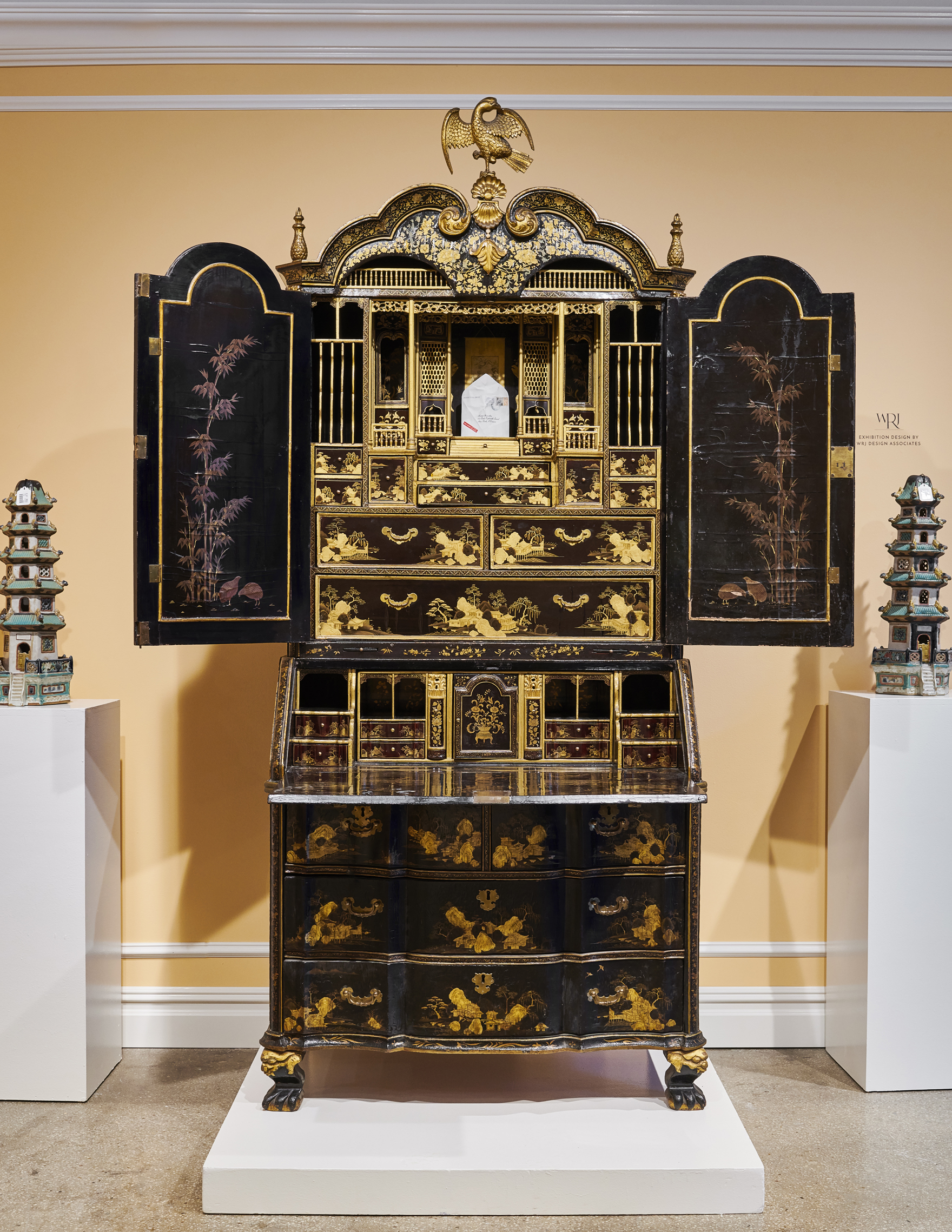 Mario Buatta’s black-and-gold lacquer secretary – a favorite of Rush Jenkins who designed the Sotheby’s exhibition – sold for $162k, more than twice its auction estimate (photo by Gabby Jones).