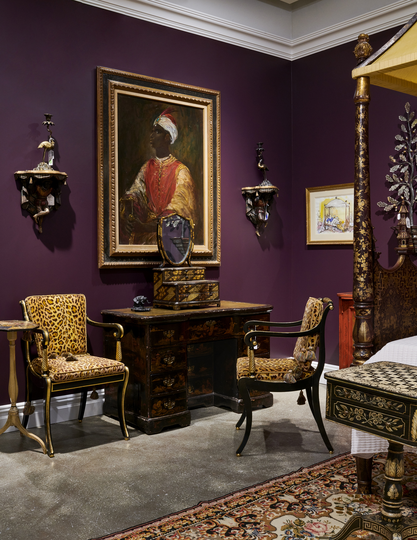 Rich colors and exotic subjects were hallmarks of Mario Buatta’s “maximalist” style as reflected in the Sotheby’s exhibit designed by Rush Jenkins of Jackson Hole’s WRJ Design (photo by Gabby Jones).