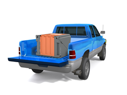 P-Pod Collapsible Portable Restroom in Back of Pickup Truck