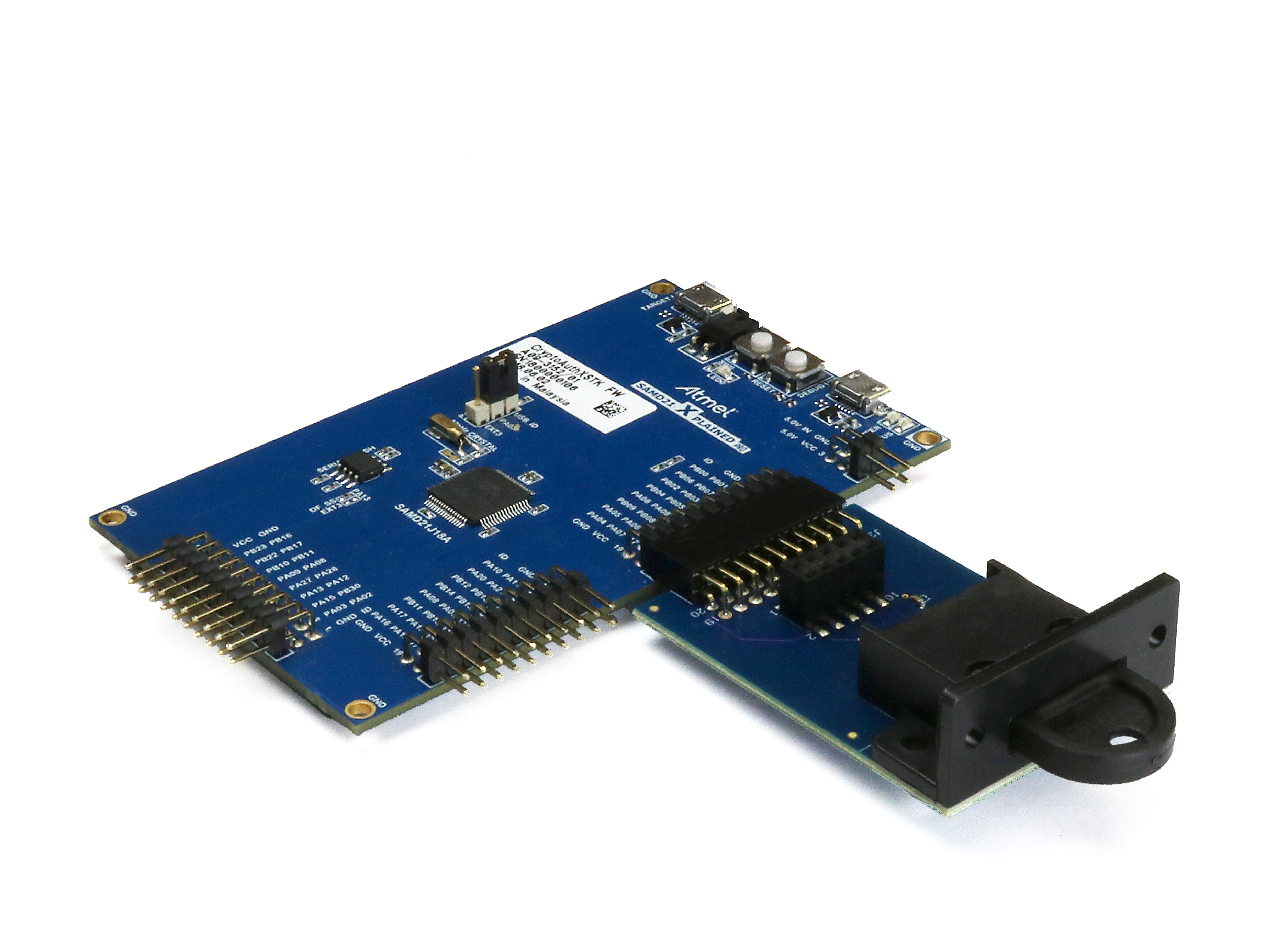 Datakey CryptoAuthentication™ memory tokens may be used with Microchip’s ATSAMD21-XPRO development board via a special Datakey extension board.