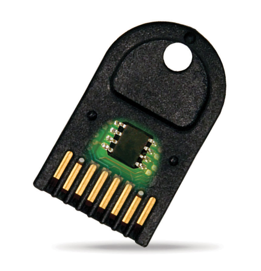 The rugged design of the Datakey IAT CryptoAuthentication™ memory token features solid over-molded construction and redundant, high cycle-life gold contacts.