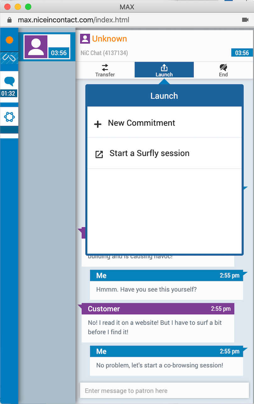 [IMAGE] Launch menu operation to initiate Surfly session within a chat session