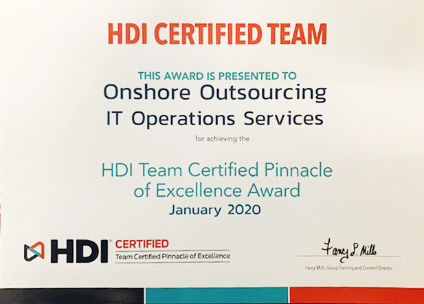 Onshore Outsourcing receives HDI Team Certified Pinnacle of Excellence Award for 2020