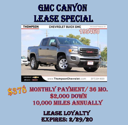 Flyer for the GMC Canyon February Lease Special at Thompson Chevrolet