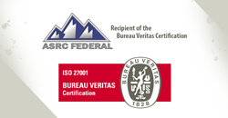 Image of ASRC Federal logo and ISO 27001 certification