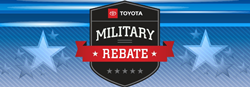 Graphic with the Toyota Military Rebate logo on a blue background with stars