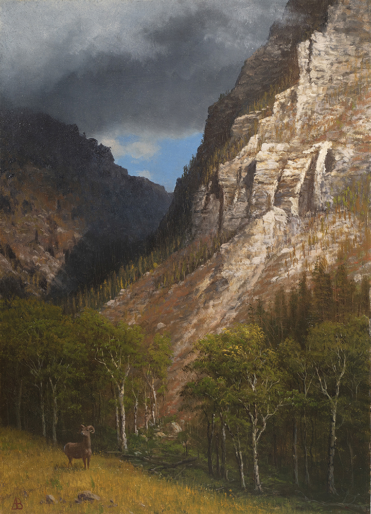 Albert Bierstadt (1830–1902), "Pass into the Rockies," oil on board, 19 15/16 x 13⅞ inches, monogrammed lower left: "AB". Available at Questroyal Fine Art, LLC, New York, New York