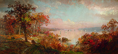 Jasper Francis Cropsey (1823–1900), "October on the Hudson," 1886, oil on canvas, 18 x 38⅛ inches, signed and dated lower left: "J.F. Cropsey / 1886–". Available at Questroyal Fine Art, LLC, New York,