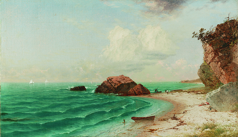 John Frederick Kensett (1816–1872), "New England Coastal Scene with Figures," 1864, oil on canvas, 14¼ x 24 3/16 inches, monogrammed and dated lower right: "JF.K." / "‘64.". Available at Questroyal Fi