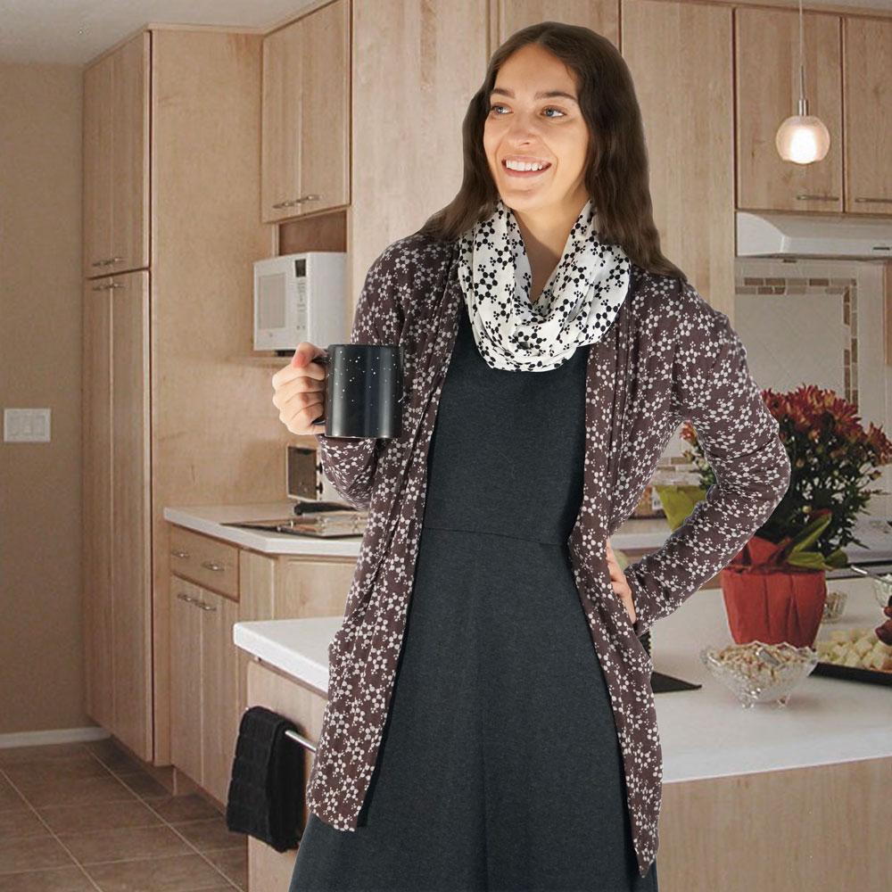 Caffeine awesomeness without the jitters! This Caffeine Molecule Burnout Cardigan is designed to celebrate the awesome little alkaloid that puts pep in our step each morning!