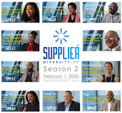 This image is a promotional flyer for Supplier Diversity TV Season 2. In the center lies the Supplier Diversity TV Logo, with the text: "Season 2, February 1, 2020". Images of all of the interviewees from Season 2 along with the titles of their episodes surround this.