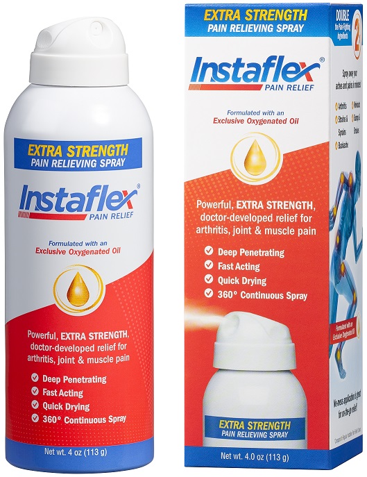 New Instaflex Extra Strength Pain Relief Spray features a 360 degree continuous spray nozzle to make it easy to apply to hard to reach pain points.