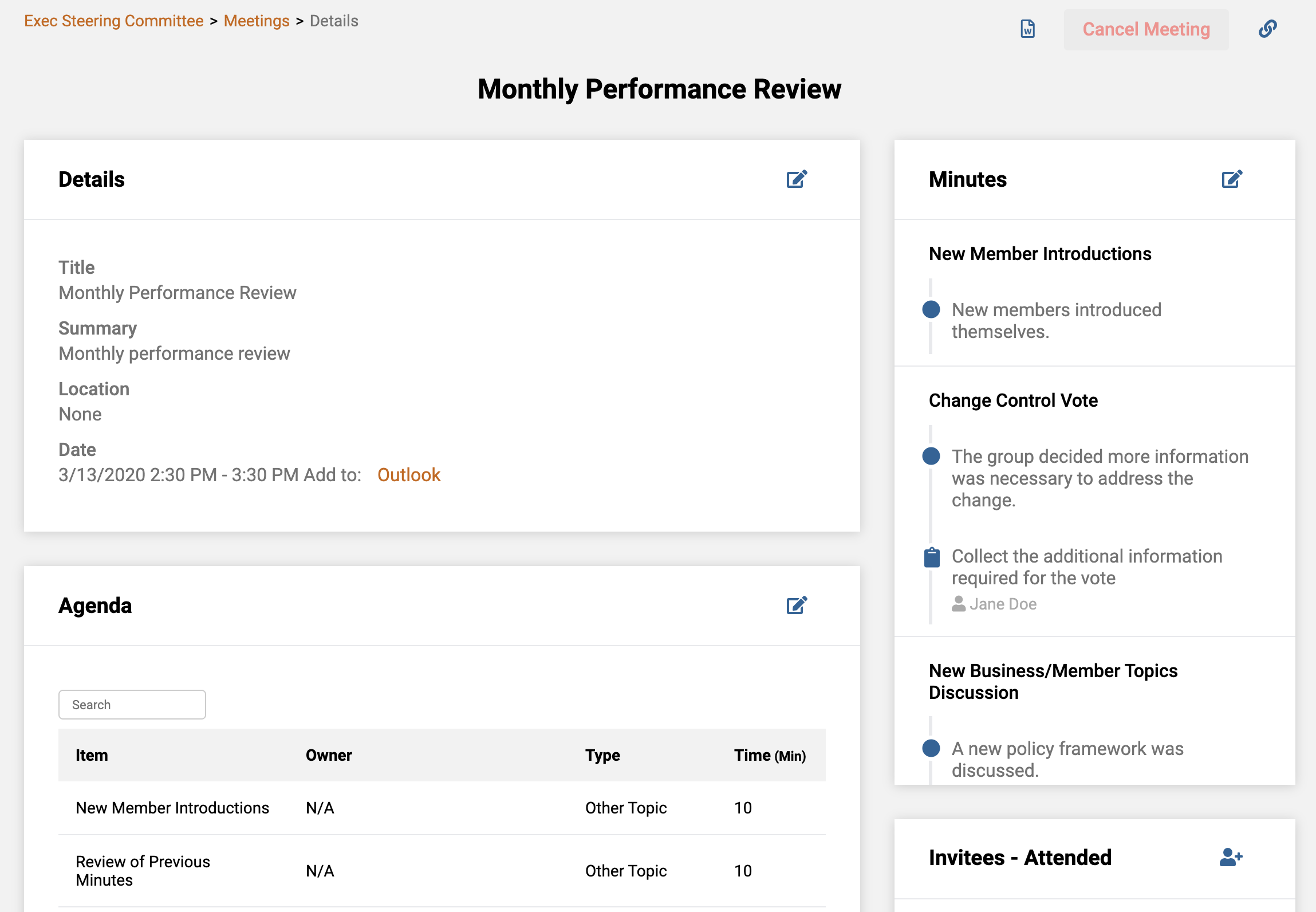 GovernSpot's meetings features include agendas and minutes management
