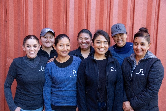 A few of the tenacious women who work production at Rack & Riddle. Left to right: Maria Orozco, Etelvina Arrivillaga, Beatriz Salazar, Maria Christina Perez, Agustina Cuenca, Maria Ortiz, Evelia Carli