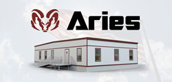 A 3D rendering of a white ADA- compliant modular office with maroon trimming presented on a subtle American flag backdrop and the official Aries ram head logo on top.