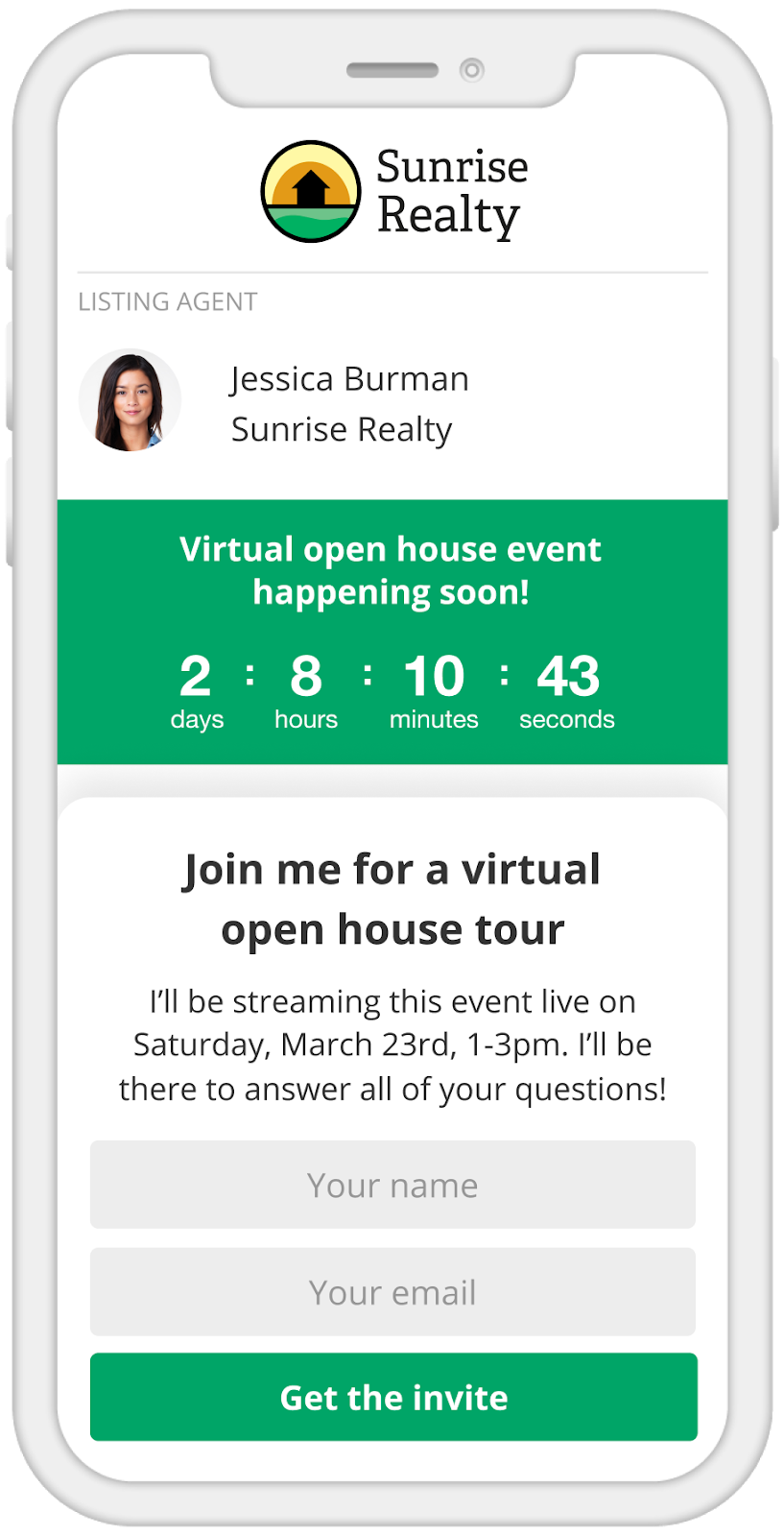 Landing page for virtual open house events