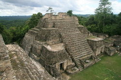 Maya temple at Caracol, Belize, surrounded by green jungle