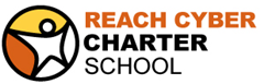 Star person in circle with orange and yellow background. The words Reach Cyber Charter School is to the right.