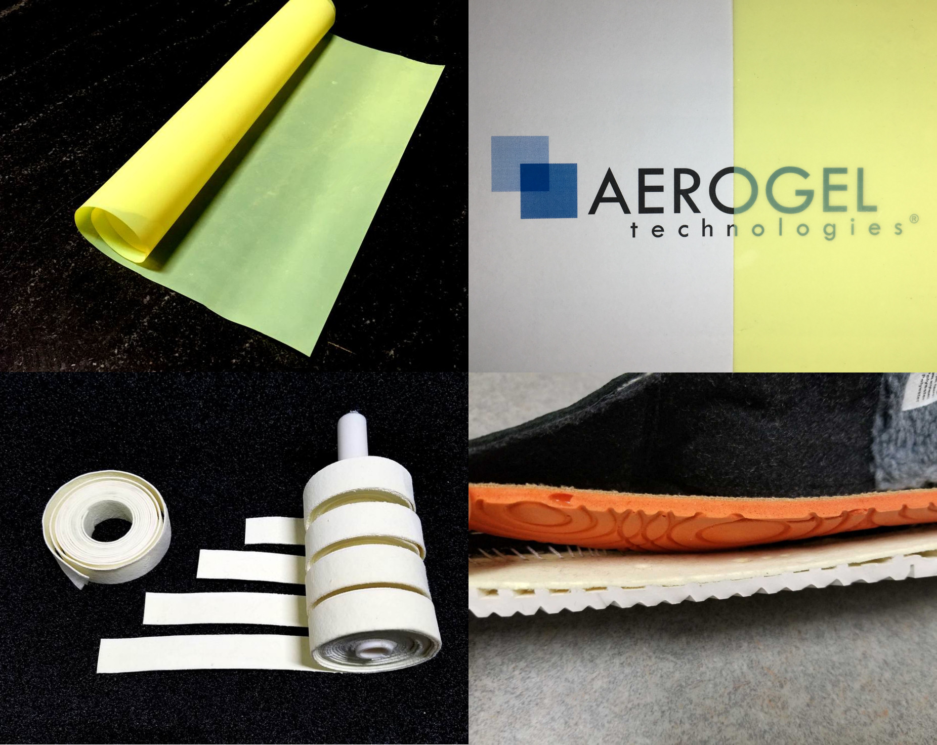 New polyimide aerogel products from Aerogel Technologies. Top left: Airloy X116 thin film; top right: transparent 5-mil film; bottom left: high-temperature waterproof Airloy HR116 tape; lower right: c