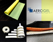 New polyimide aerogel products from Aerogel Technologies. Top left: Airloy X116 thin film; top right: transparent 5-mil film; bottom left: high-temperature waterproof Airloy HR116 tape; lower right: cutaway of boot with superinsulating Airloy HR116 insole