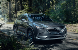 A gray 2020 Mazda CX-9 driving down a forested road.