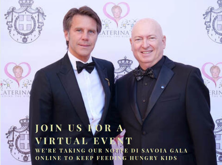 HRH Prince Emmanuel Philibert of Savoy with Chef Bruno Serato, Founder of Caterina's Club and Beneficiary Family at the Savoy Foundation's 2019 Notte di Savoia Charity Gala