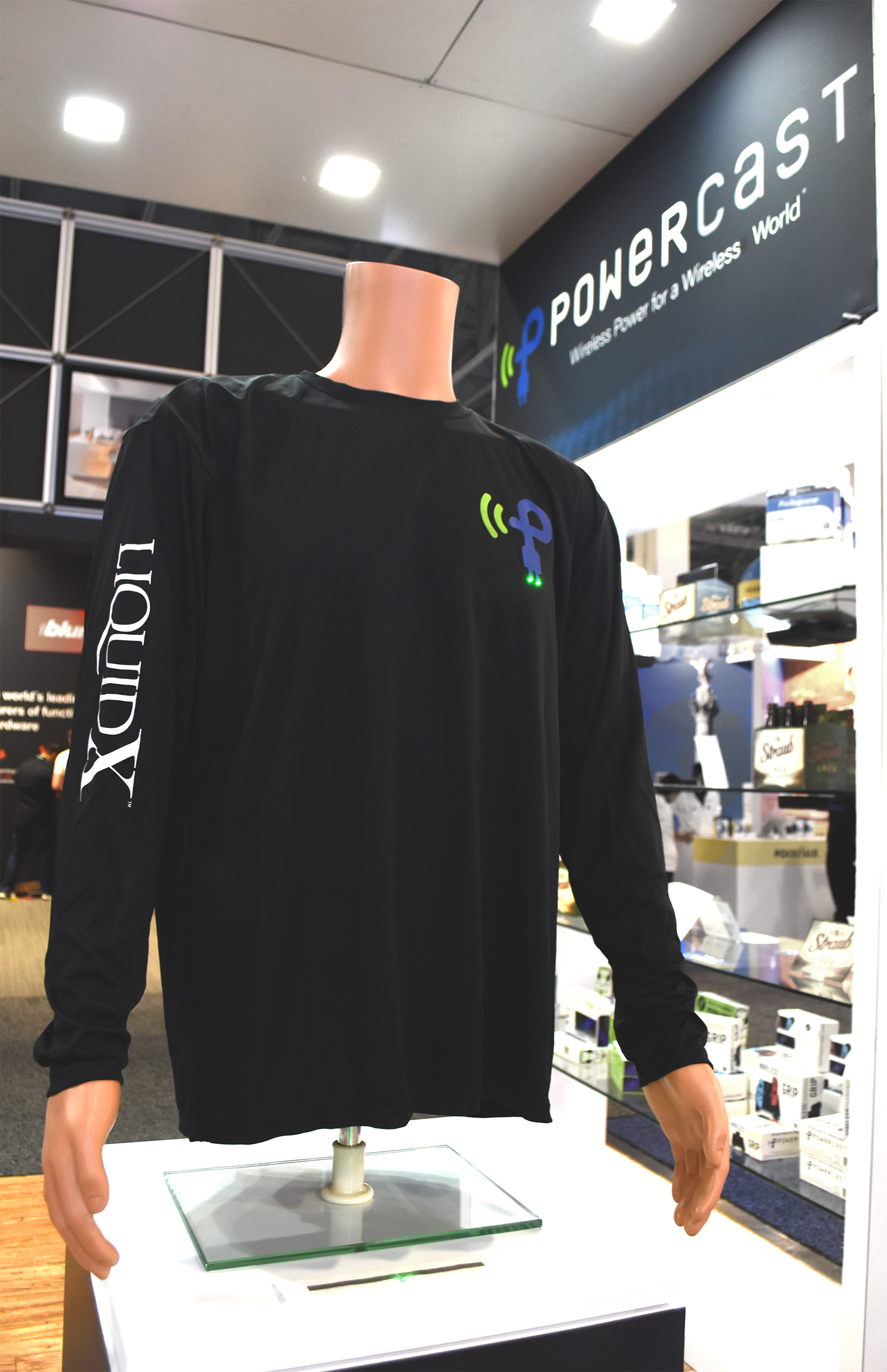 Powercast and Liquid X showcased at CES in January 2020 a wirelessly rechargeable smart athletic shirt prototype that illuminates using printed electronics and LEDs powered over the air.