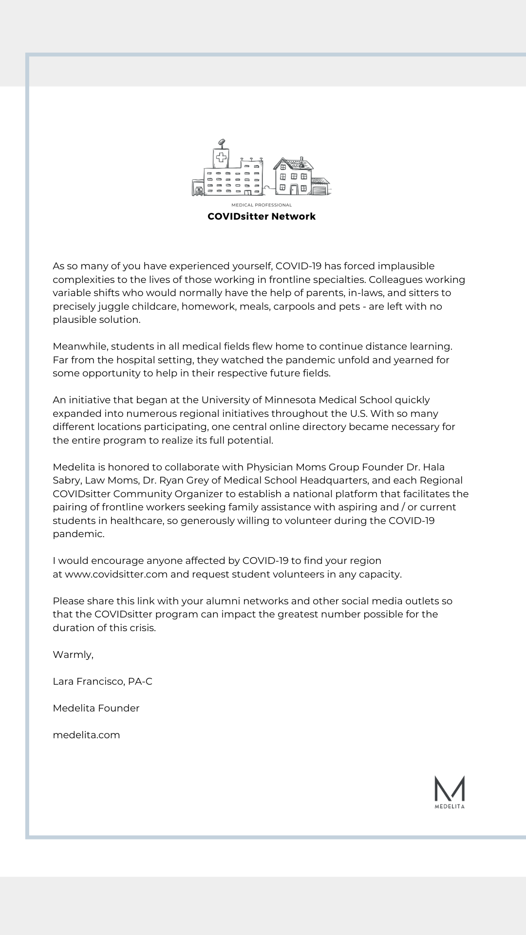 Letter from MEDELITA Founder About COVIDsitters