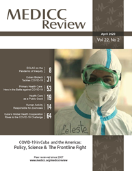 Cover of April 2020 MEDICC Review Journal with image of health worker in full protective gear. Predominate color is brown