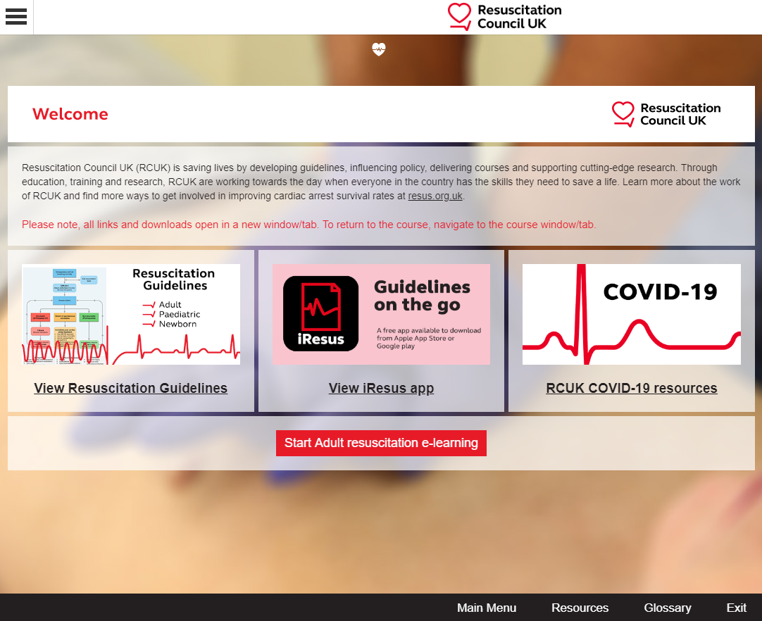 The welcome screen from the Adult resuscitation e-learning course