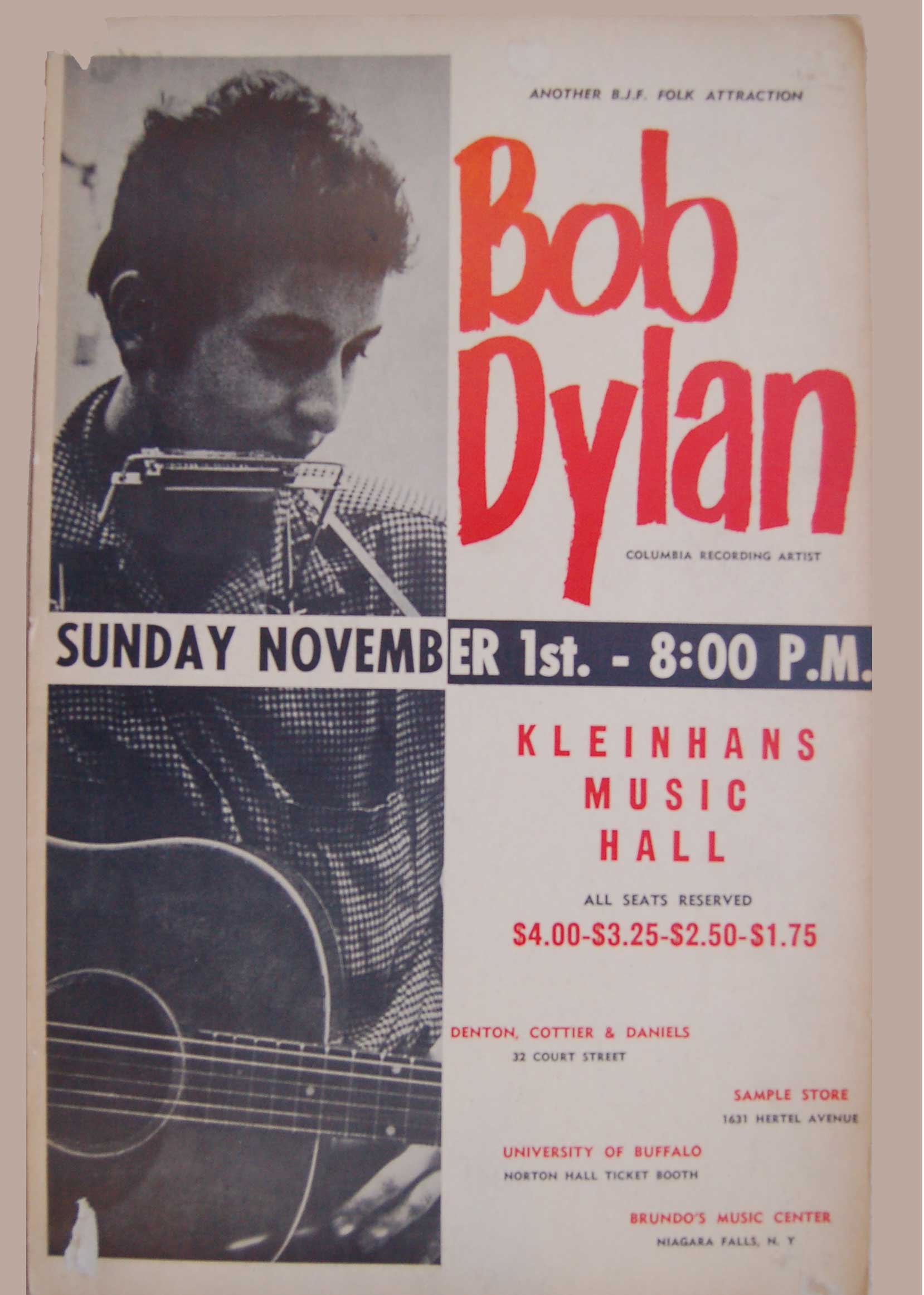 Vintage Bob Dylan 1964 Kleinhans Music Hall Buffalo Boxing Style Concert Poster