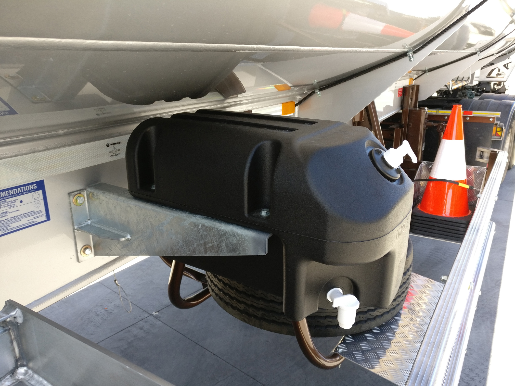 The vehicle-mounted hygiene station enables drivers and crews to sanitize their hands before reentering the vehicle.polypropylene with an additive that makes them resistant to UV rays.