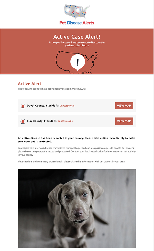 Time-sensitive notifications from Pet Disease Alerts provide veterinarians and pet parents with critical, local information to help make decisions.